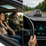 Driver comparing car safety features and interior comfort before buying a vehicle