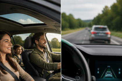 Driver comparing car safety features and interior comfort before buying a vehicle