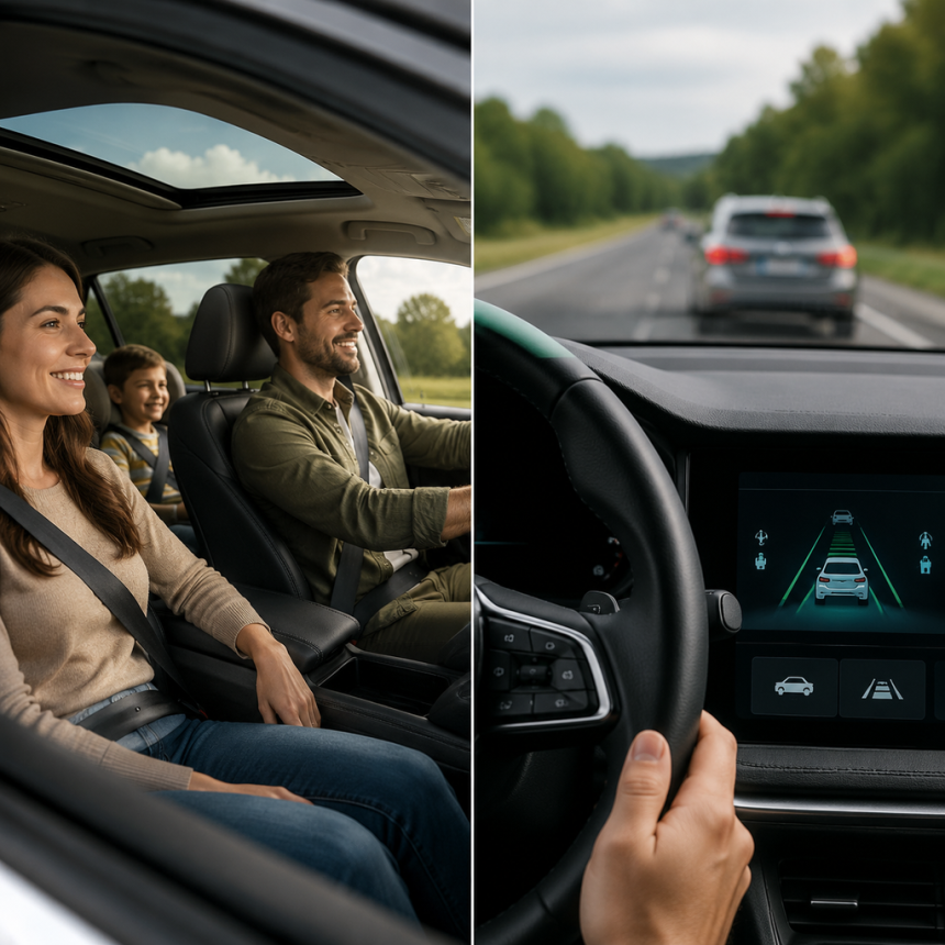 Driver comparing car safety features and interior comfort before buying a vehicle