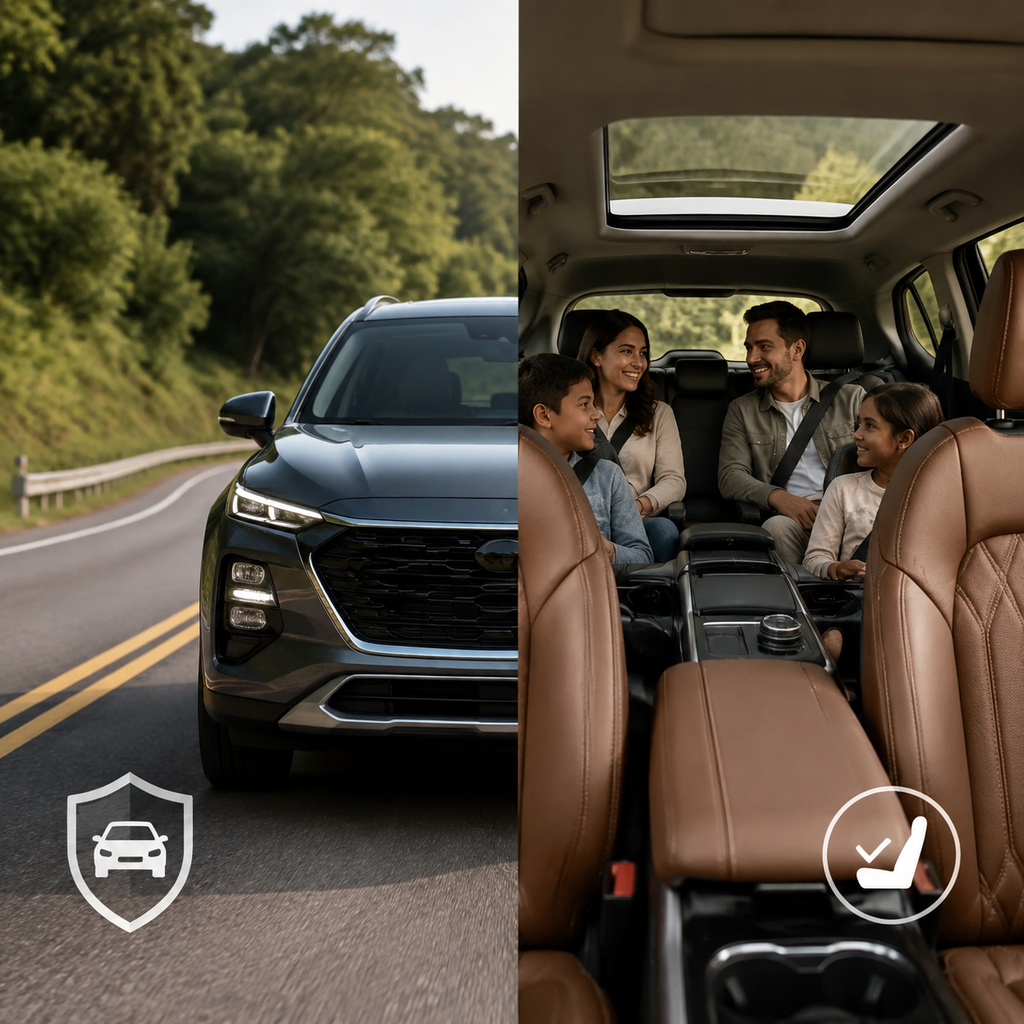 Driver comparing car safety features and interior comfort when buying a vehicle