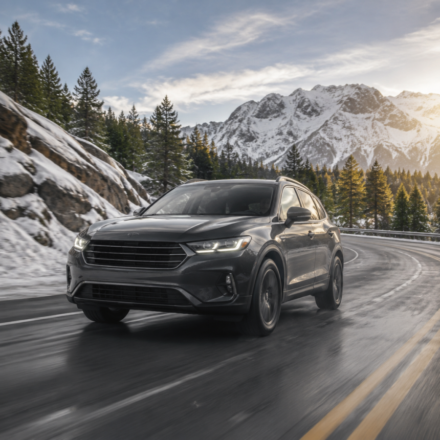 Car driving on a snowy road where all-wheel drive may improve traction