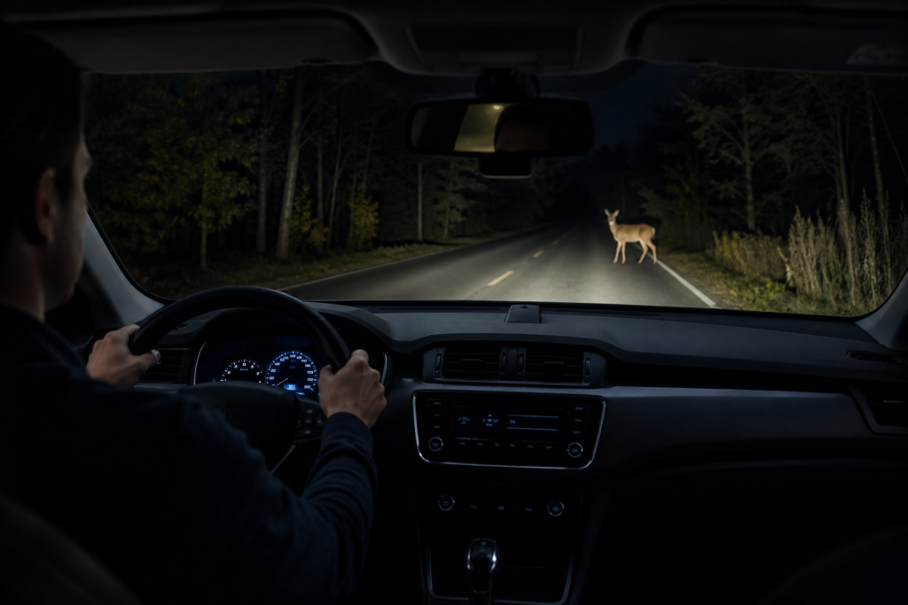 Thermal night vision camera display detecting a pedestrian and vehicle on a dark road