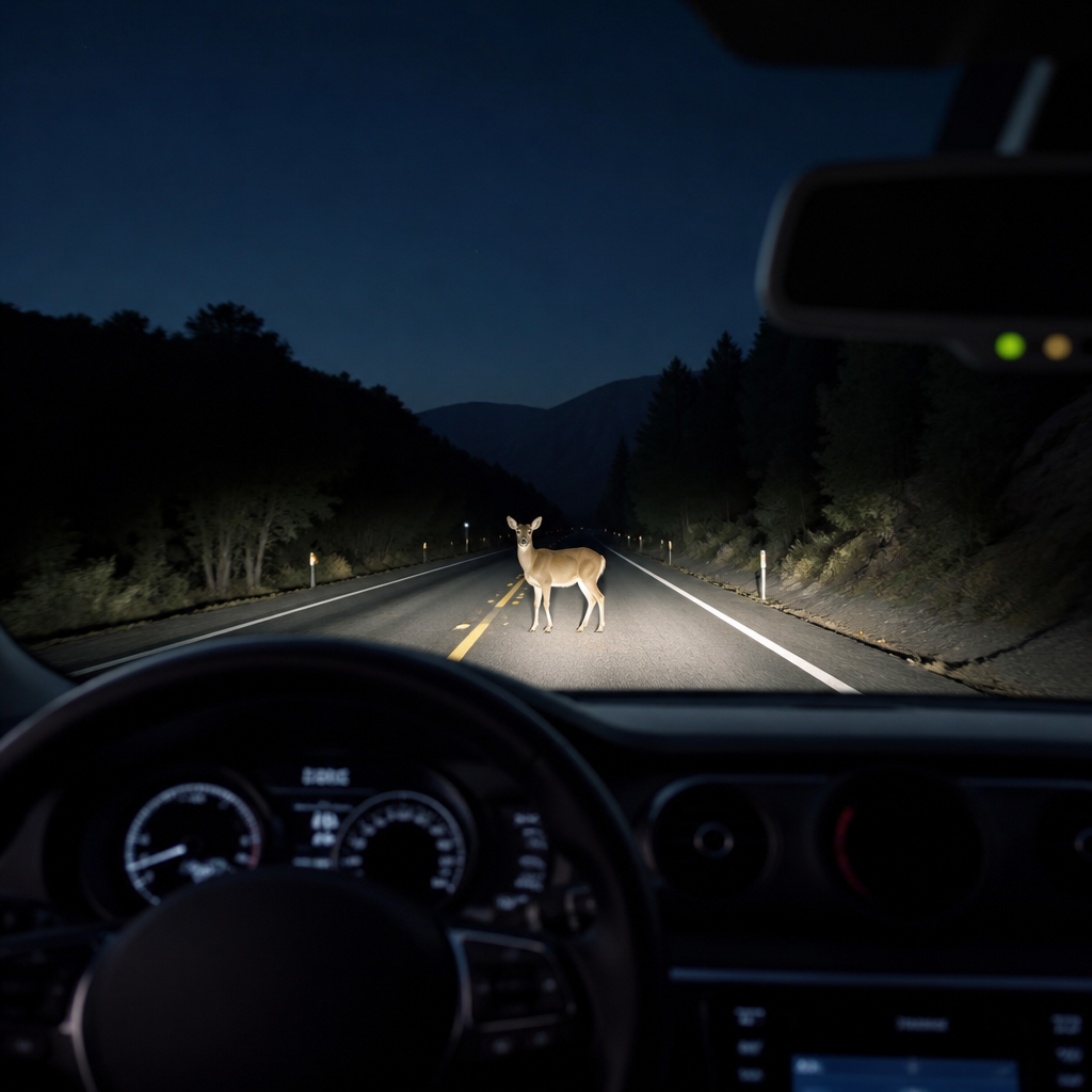 Thermal night vision camera display in a car showing heat signatures on a dark road