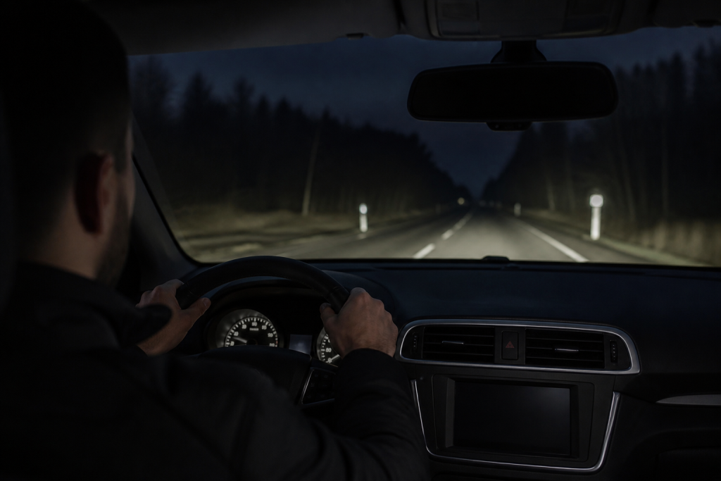 Vehicle thermal night vision display detecting a pedestrian on a dark road, illustrating system cost factors
