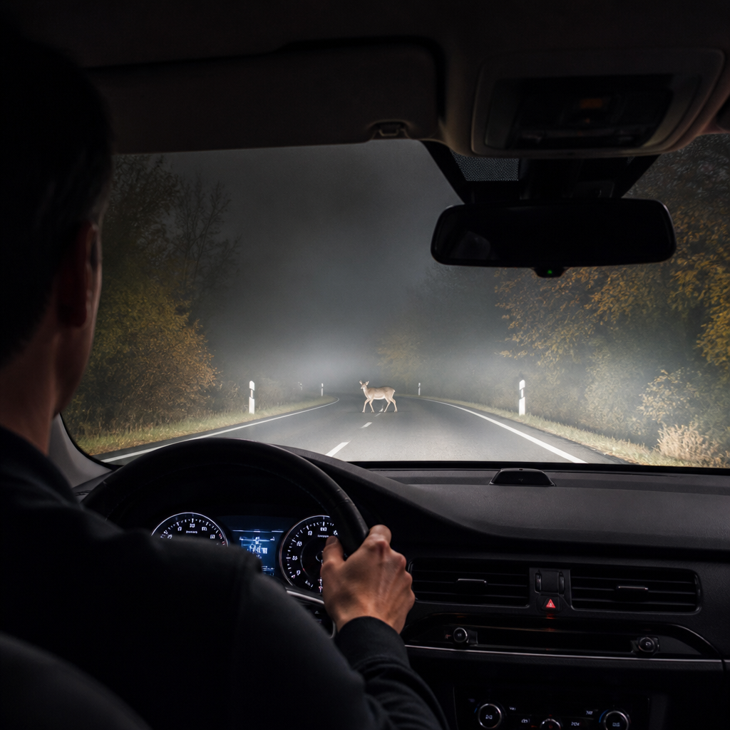 Car thermal night vision display detecting a pedestrian on a dark road