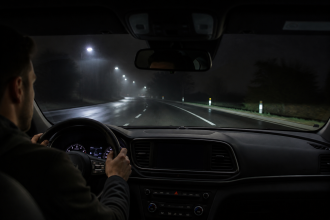 Car thermal night vision display detecting a pedestrian and animal on a dark road