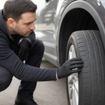 Worn car tire tread showing signs it is time to replace tires