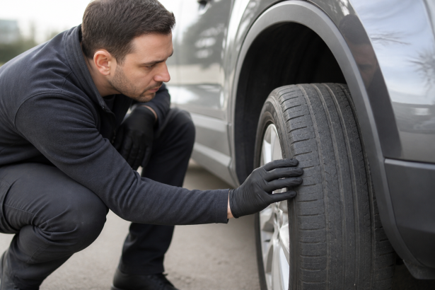 Worn car tire tread showing signs it is time to replace tires