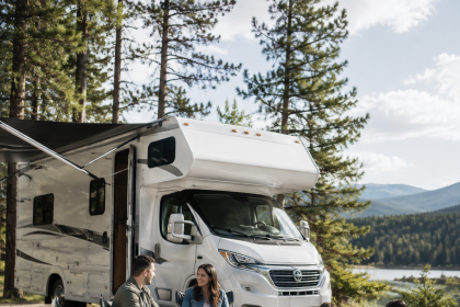 Couple standing beside an RV at a scenic campsite while considering who should buy an RV