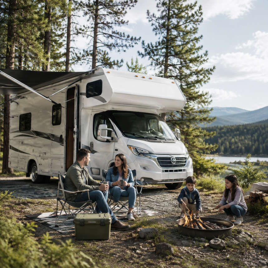 Couple standing beside an RV at a scenic campsite while considering who should buy an RV