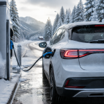Electric car driving on a snow-covered road as EV range drops in winter
