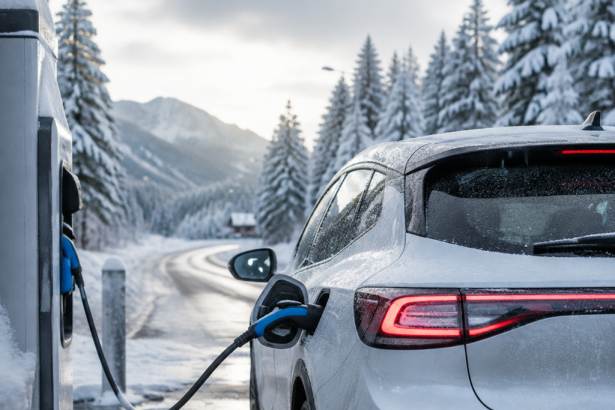 Electric car driving on a snow-covered road as EV range drops in winter